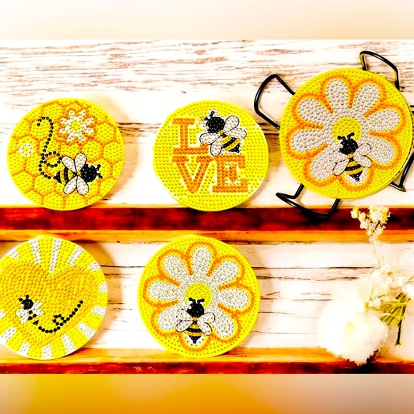 Hand Crafted Other - Bee Themed Coaster Set of 4 w/Holder Hand Crafted & Sealed Diamond Art 4”
